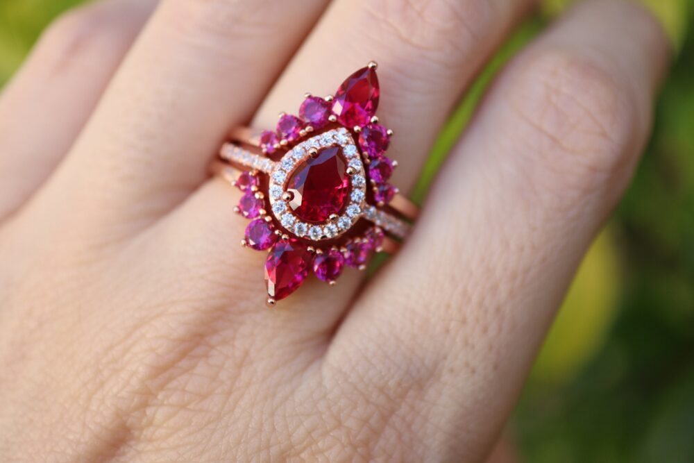 Teardrop Halo Red Pink Ruby Bridal Sterling Silver 3 Ring Set