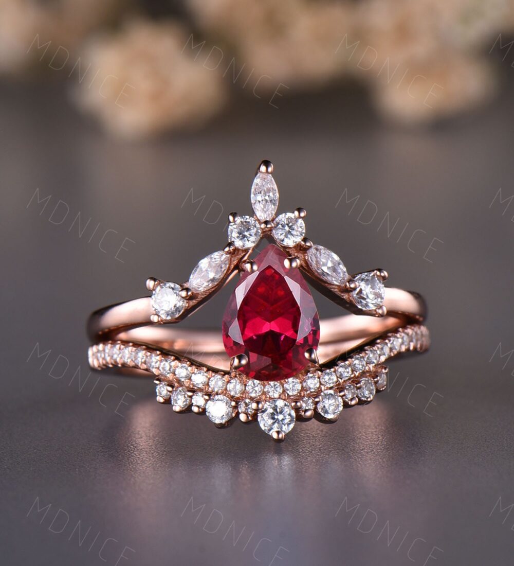 Pear Ruby Engagement Ring 14K Rose Gold Vintage Wedding Set