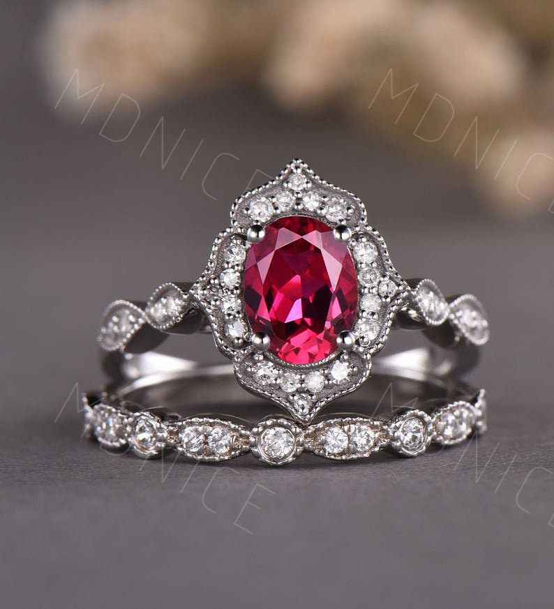 Vintage Art Deco Ruby Engagement Ring Set Sterling Silver Bridal Promise