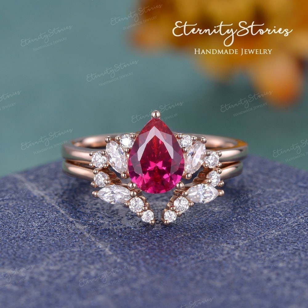 Pear Lab Ruby Engagement Ring Sets Marquise Moissanite Cluster Unique Rose Gold Bridal Set Women Diamond Stacking July Birthstone