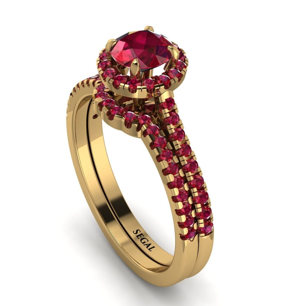 Bridal Set Ruby Minimalist 14K Yellow Gold Milgrain Halo Set 100% Natural Red 0.50 Carat - Betty