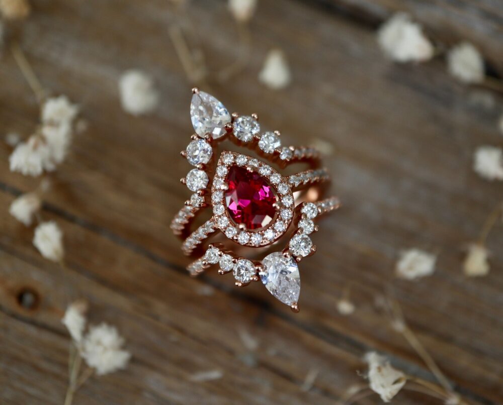 Teardrop Ruby Halo Bridal 3 Ring Set-Pear Red Gemstone Engagement Set-Alternative W/2 Wedding Band-July Birthstone