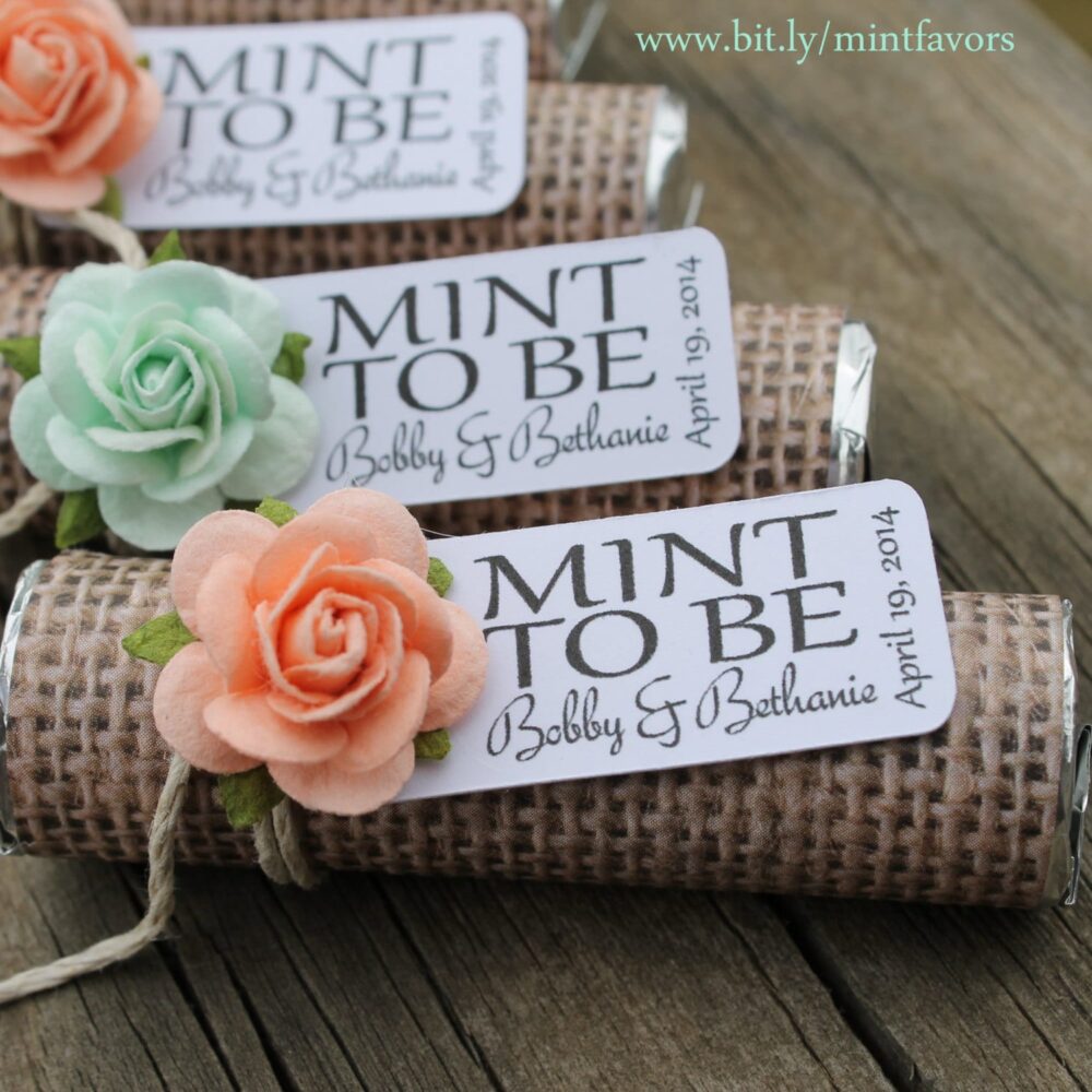Rustic Wedding Favors Personalized Mint Rolls, Burlap & Peach, Set Of 80