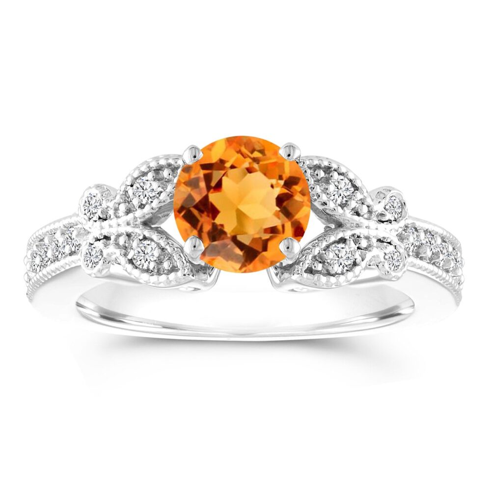 Citrine Butterfly Ring 1.18 Carat, Diamond Accent, 14K White Gold