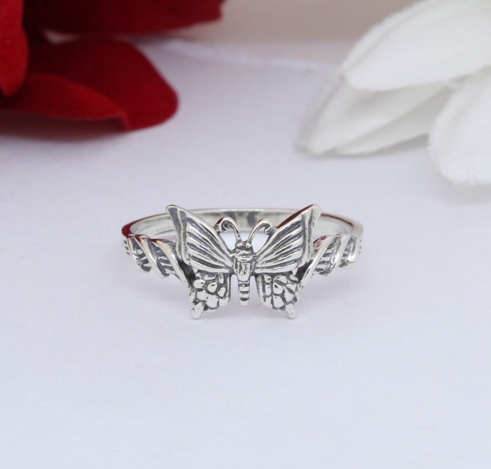 Butterfly Band Ring Solid 925 Sterling Silver Statement Jewelry Oxidized 9mm