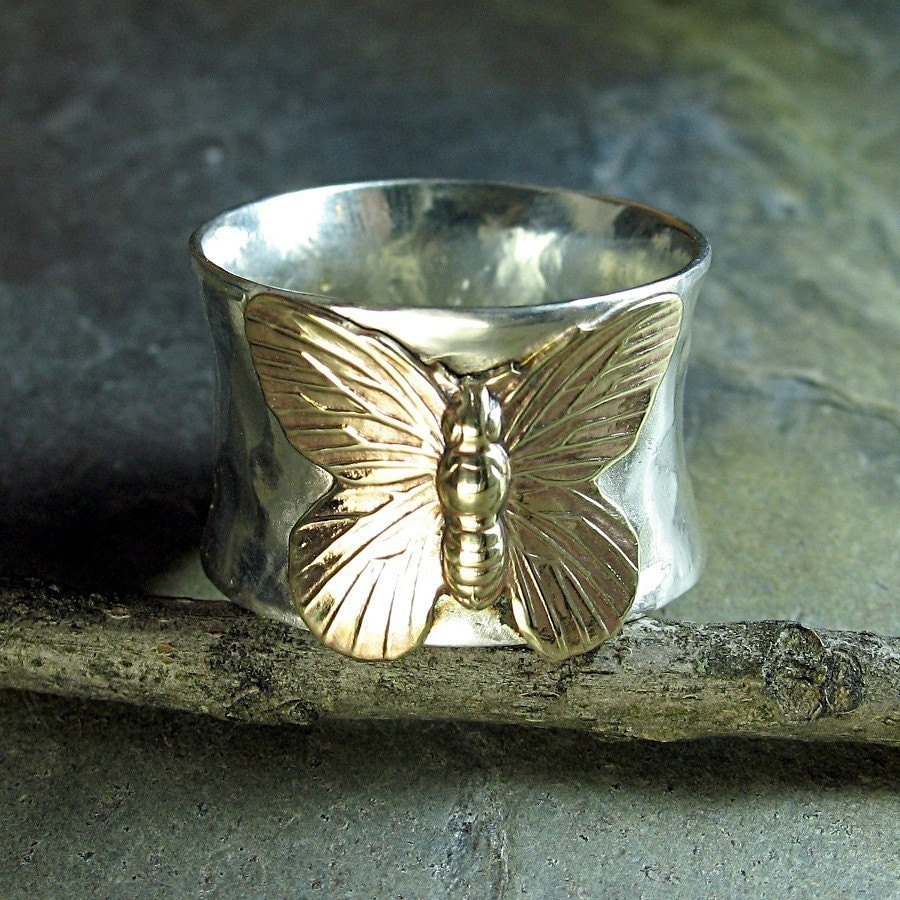 Butterfly Ring, Sterling Silver Wide Band, Brass, Gold Color - On Golden Wings