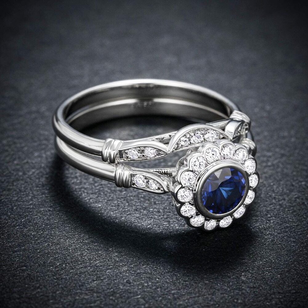 Blue Sapphire Engagement Ring Set, Art Deco Flower Halo, Diamond Wedding Band