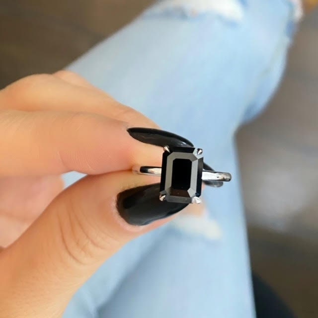 Black Diamond Engagement Ring, 3.43 Carat Emerald Cut 4 Prongs Solitaire 14K White Gold, Ring