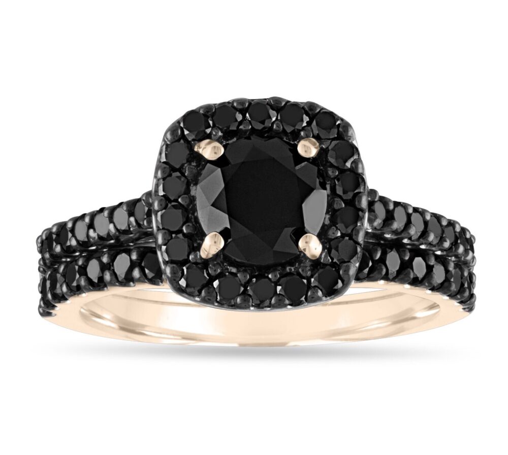 Black Diamond Engagement Ring Set 14K Yellow Gold Halo, Handmade