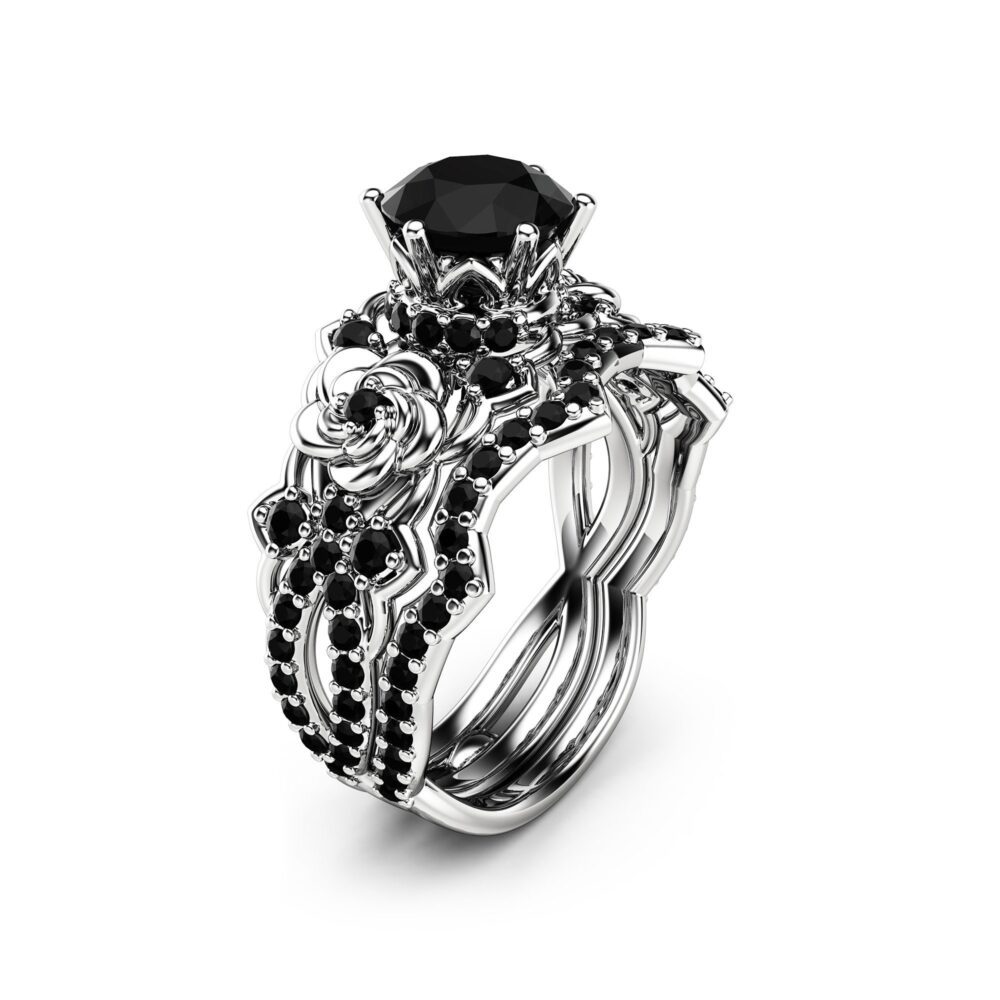 Black Diamond Engagement Ring Set 14K White Gold Unique Bridal Rings