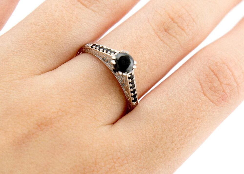 Vintage Art Deco Black Diamond Engagement Ring, 18K White Gold Solitaire