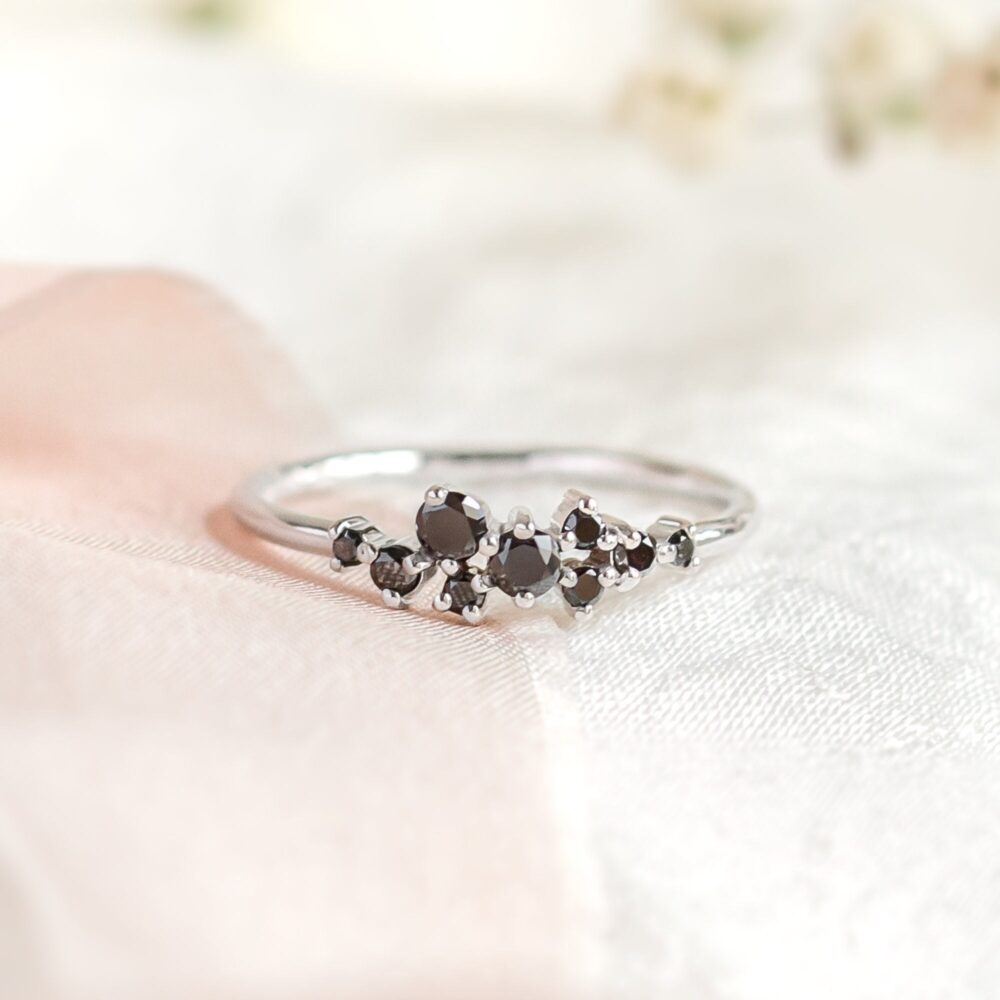 Black Diamond Engagement Ring, Diamond Cluster Wedding Ring