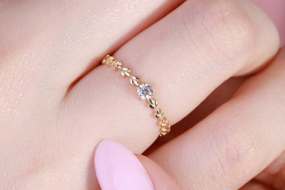 14K Gold Moissanite Floral Wedding Braided Band, Small Diamond Botanical Leaf Ring