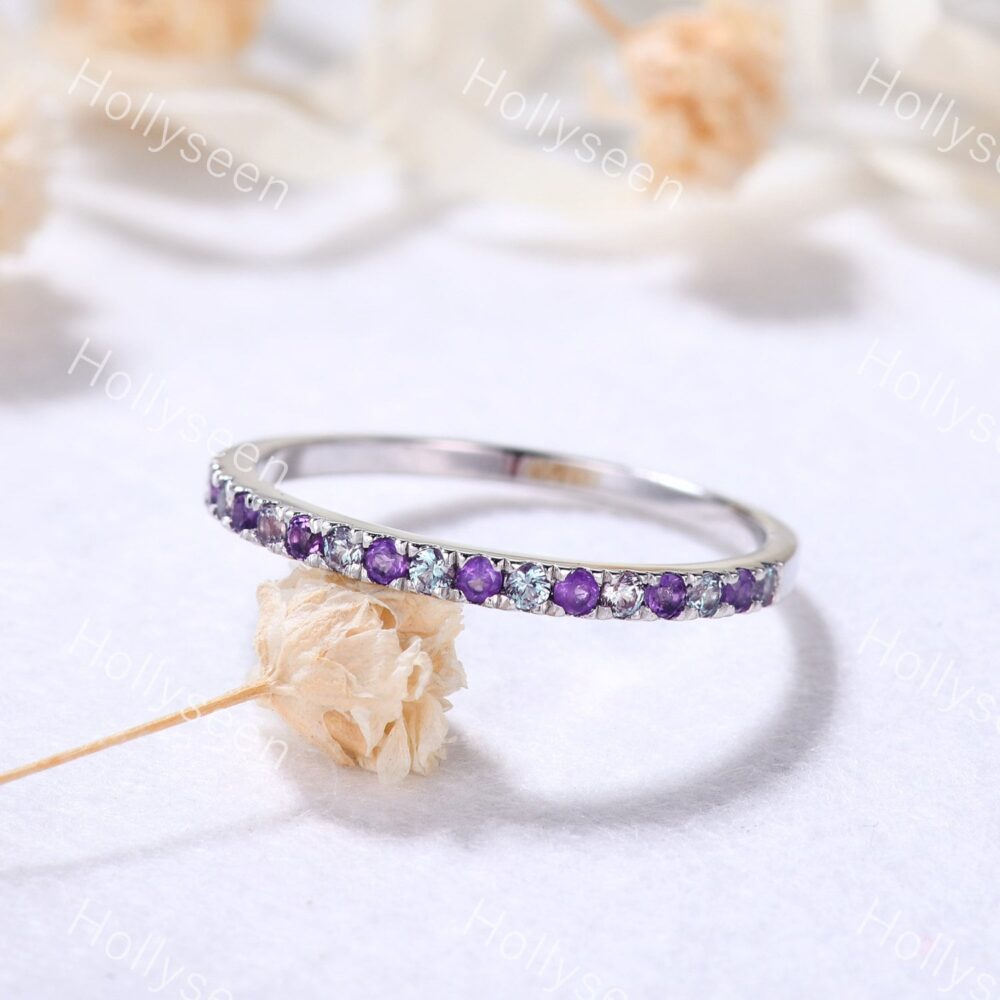 Eva Alexandrite Wedding Ring Band Silver White Gold Amethyst Engagement Half Eternity Birthstone Stackable Bridal For Women