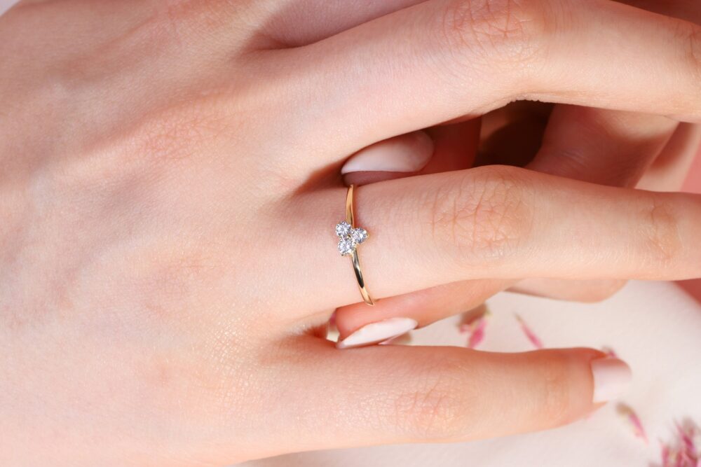 Three Triangle Thin Diamond Wedding Ring 14K Solid Gold Band, Triangular Tiny Moissanite Engagement