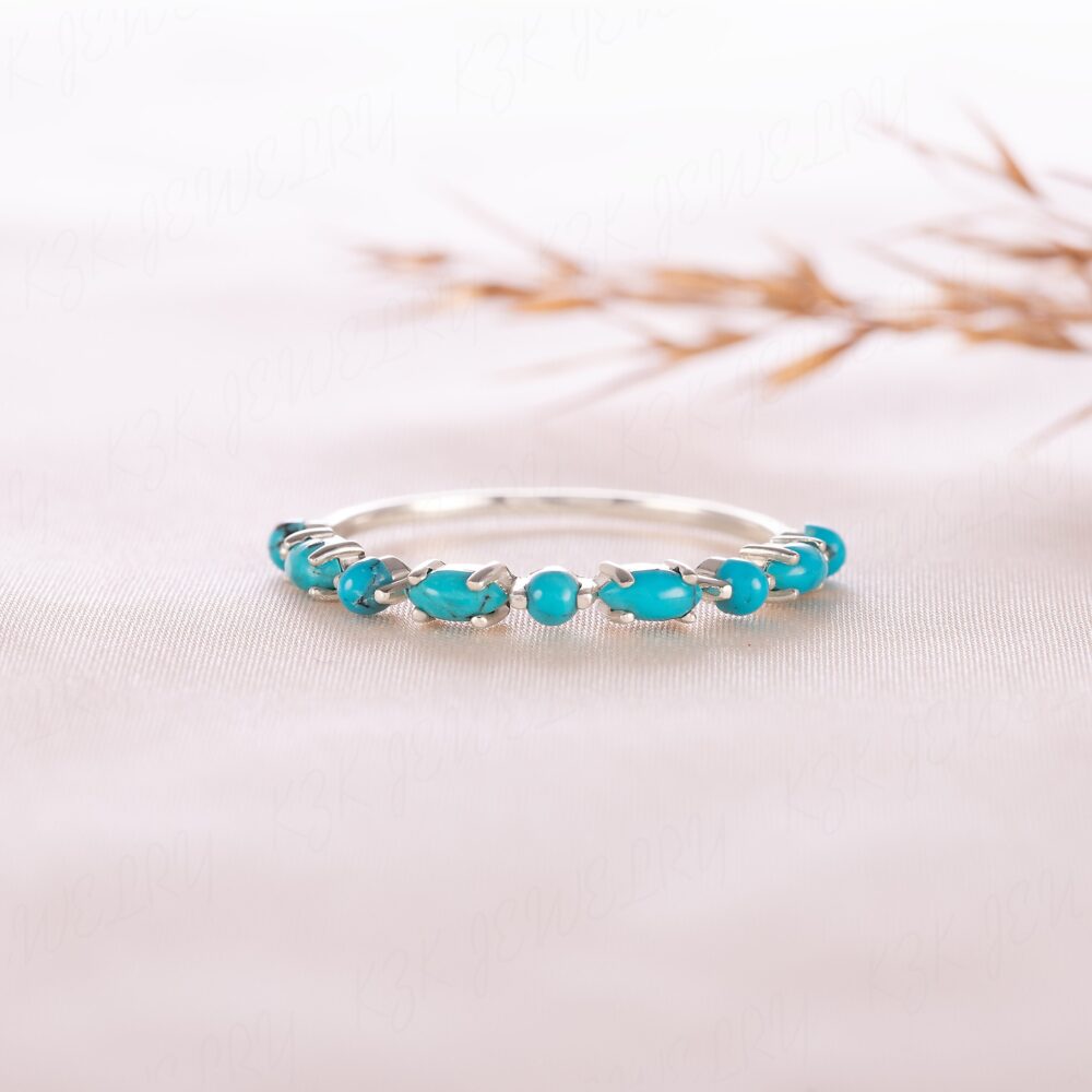 Small Tiny Turquoise Women Wedding Band, Women Natural Blue Ring Gold, Dainty Minimalist 14K White Gold Band