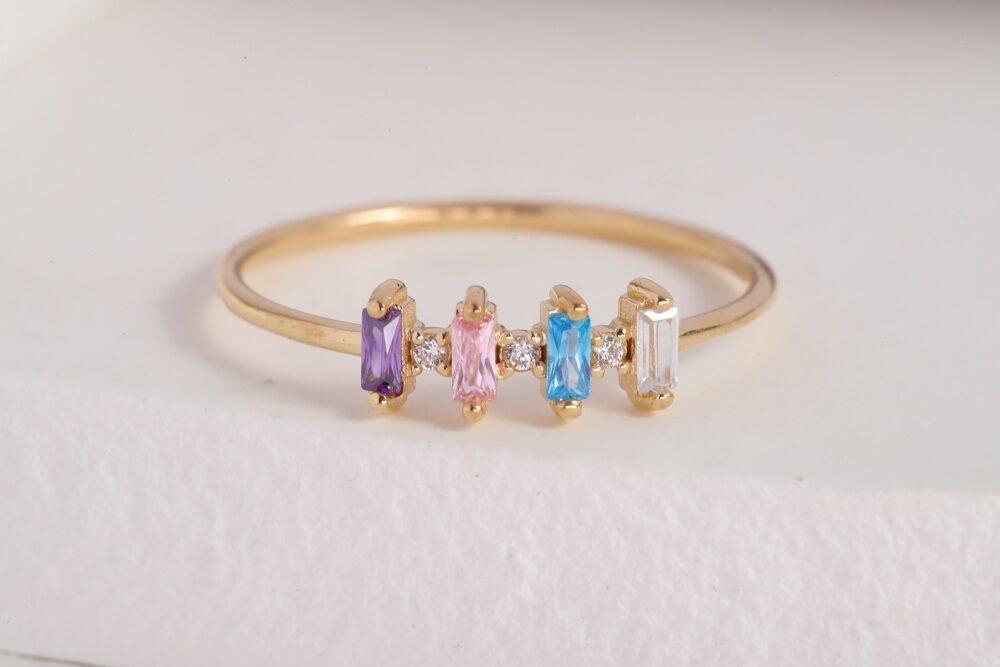 Baguette Family Birthstone Ring Mother, 10K 14K 18K Gold Personalized Mini Birthmonth Ring, Multi Birth Stone Mom, Grandma Gifted