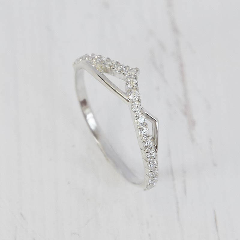 Womens Geometric Wedding Band, Dainty Silver Cz Band For Her, Delicate White Ring