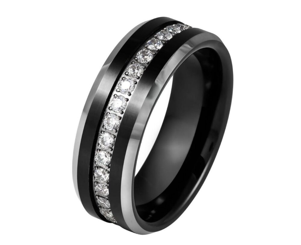 Black Tungsten Wedding Ring Cz Stone Band, Silver Beveled Edges