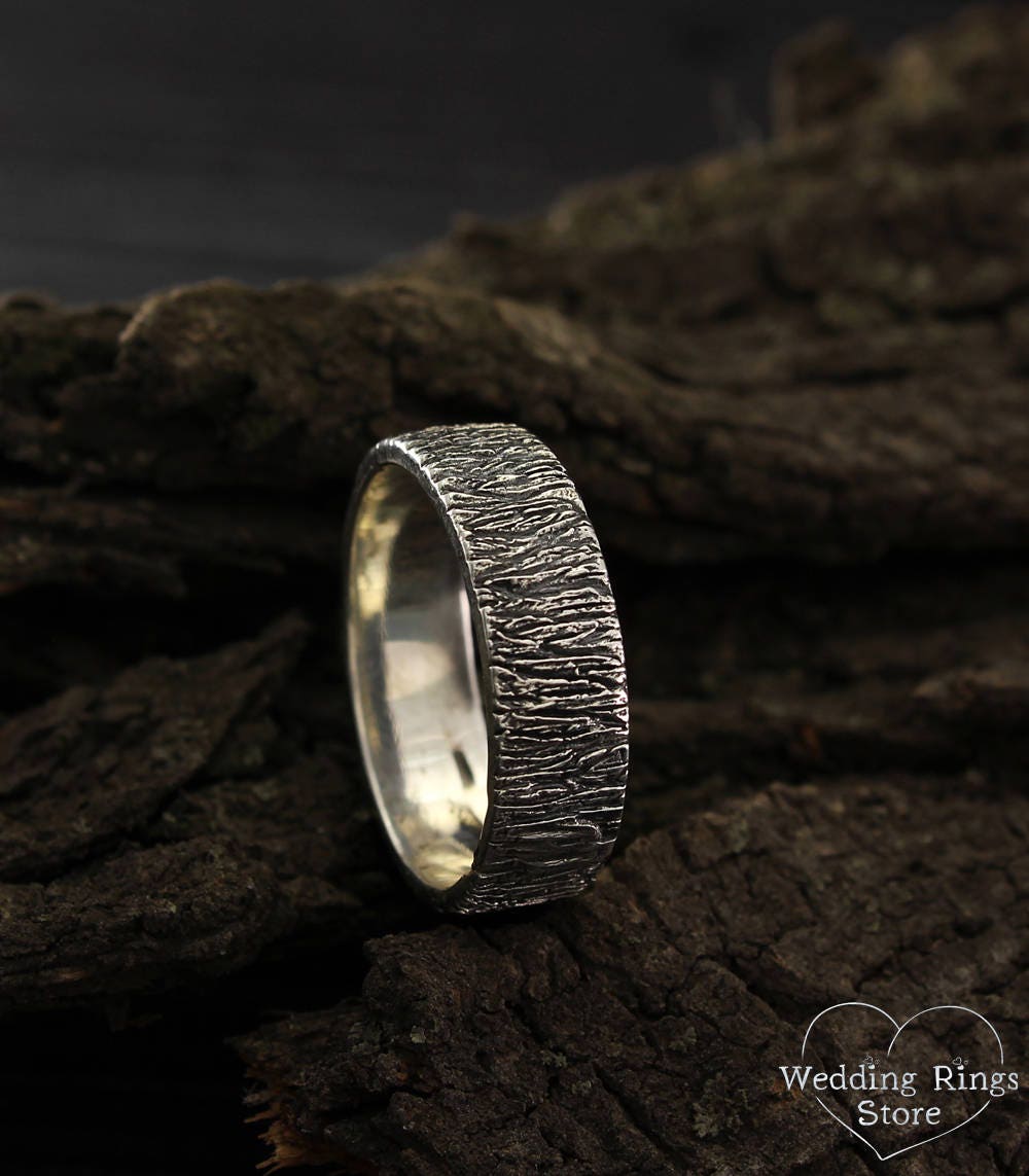 Rustic Style Wedding Band, Tree Bark Ring, Silver Tree Nature Silver Men's Women Ring