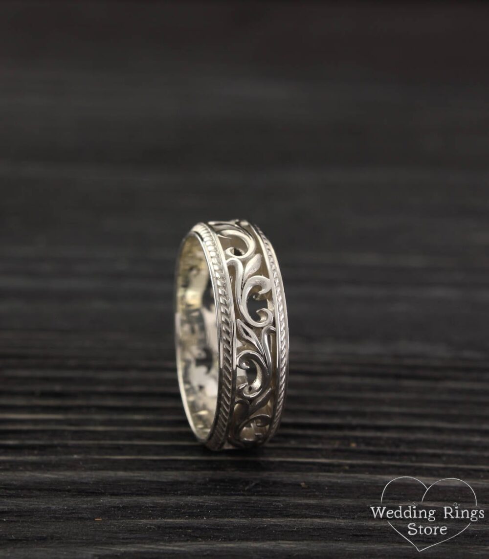 Filigree & Vine Wedding Band For Women & Men, Unique Sterling Silver Ring Vintage Style, Old Fashioned Style Medieval Leaves