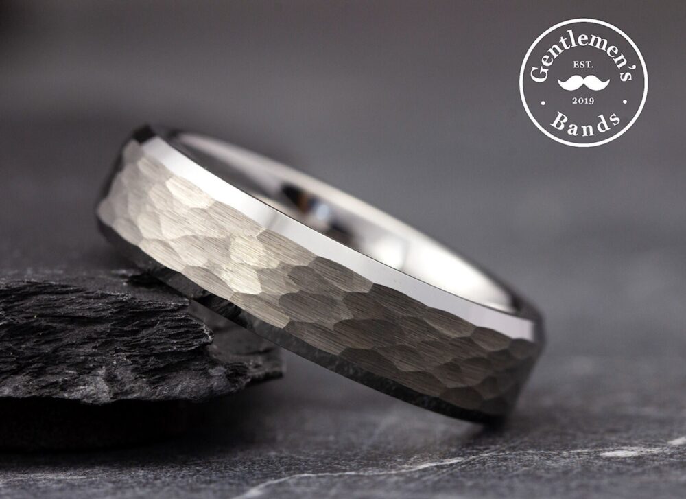 Men's Silver Wedding Ring, Mens Band, Engagement Husband Anniversary Hammered Ring