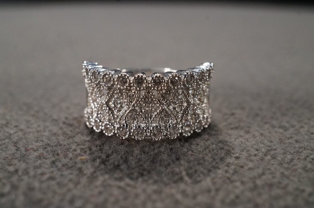 Vintage Sterling Silver Wedding Band Stacker Design Ring Multi Round Prong Set Cubic Zirconia 5 Row Setting Classic Art Deco Style, Size 6