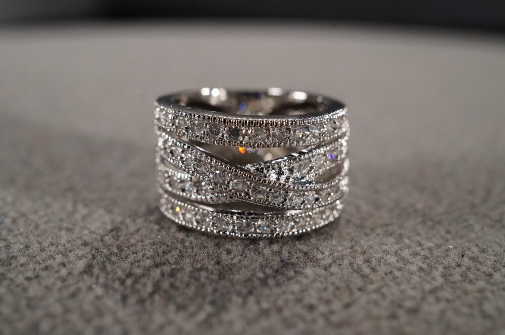 Vintage Sterling Silver Wedding Band Stacker Design Ring Multi Round Prong Set Cubic Zirconia 4 Row Cross Over Setting Art Deco Style Size 6