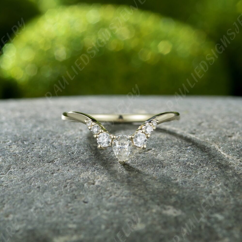 Diamond Curved Wedding Band, Art Deco Rose Gold Ring Vintage Pear Shaped Moissanite Stacking Band 14K Matching Anniversary
