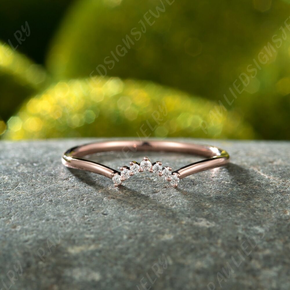 14K Rose Gold Curved Wedding Band, Moissanite Matching Dainty V Ring, Chevron Band Anniversary