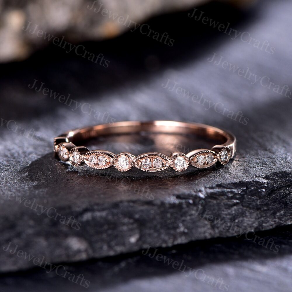 Marquise Moissanite Wedding Band, Art Deco Milgrain Diamond Stack Band, Dainty Ring, Silver Rose Gold, Stack Micro Pave Ring