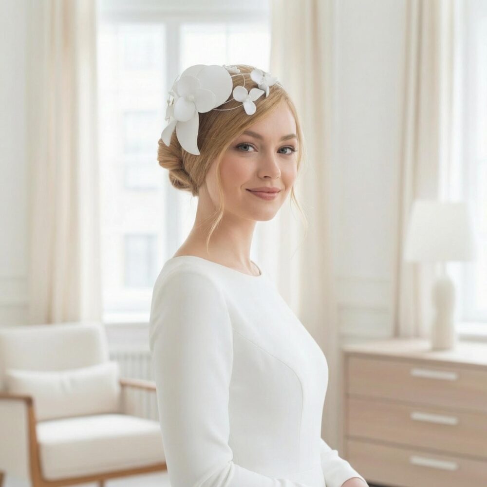 White Large Bridal Fascinator, Modern Wedding Headpiece, Floral Hair Accessory, Custom Colors