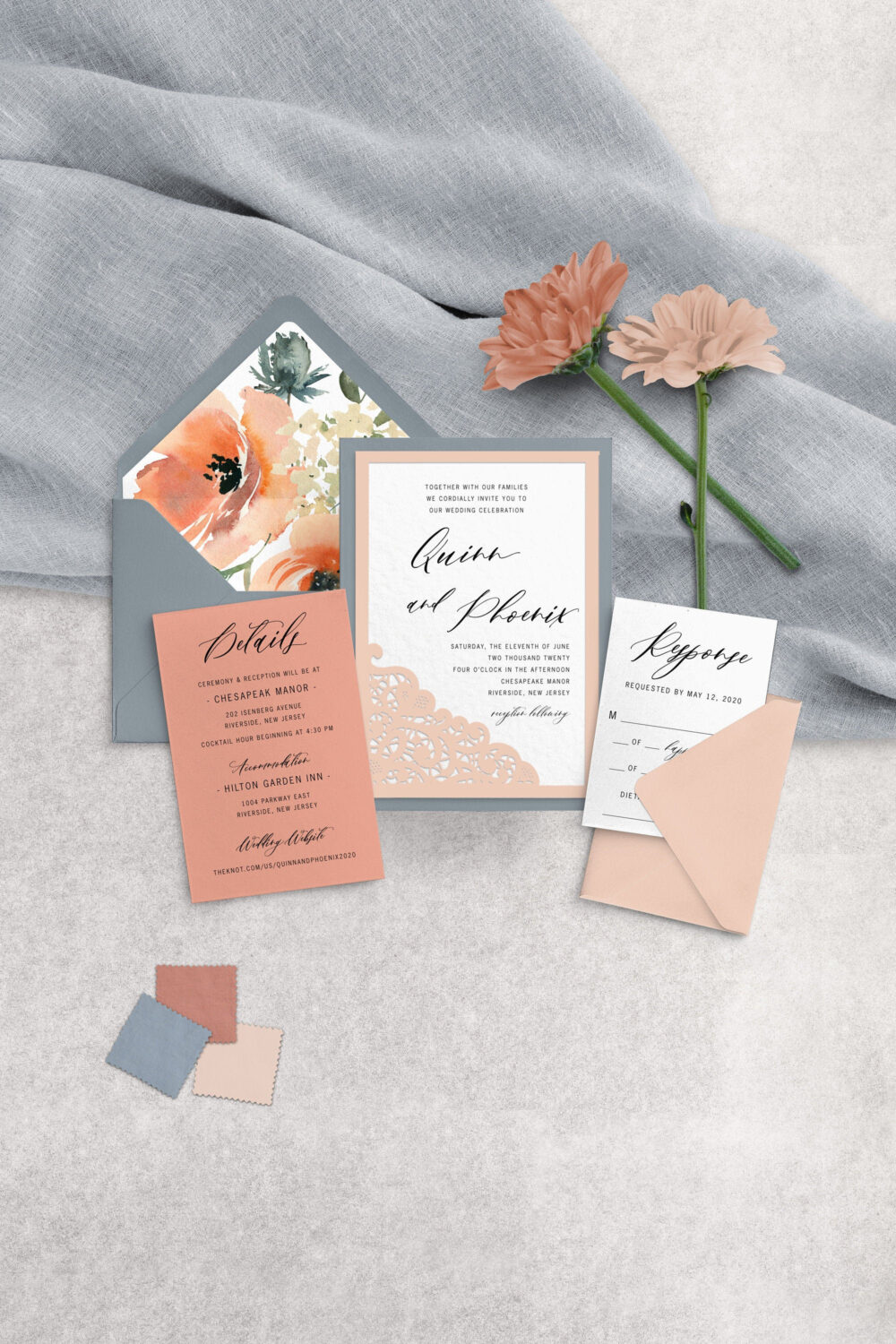 Peach Wedding Invitation, Rustic Garden Wedding, Lace Boho Dusty Blue Coral