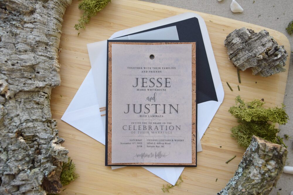 Vineyard Elegant Rustic Wedding Invitations, High-End Cork Unique, Classic Black Invitations With Cork Sheet