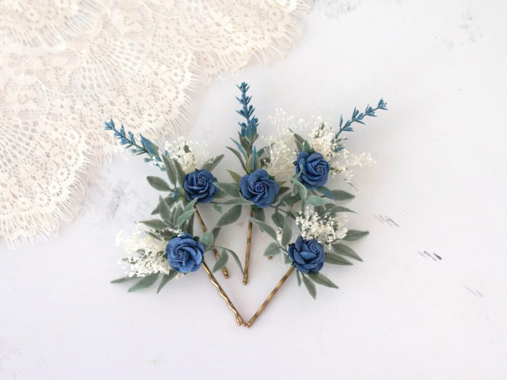 Navy Blue Floral Hair Pins Wedding Hairpiece, Baby's Breath | Set Of 5