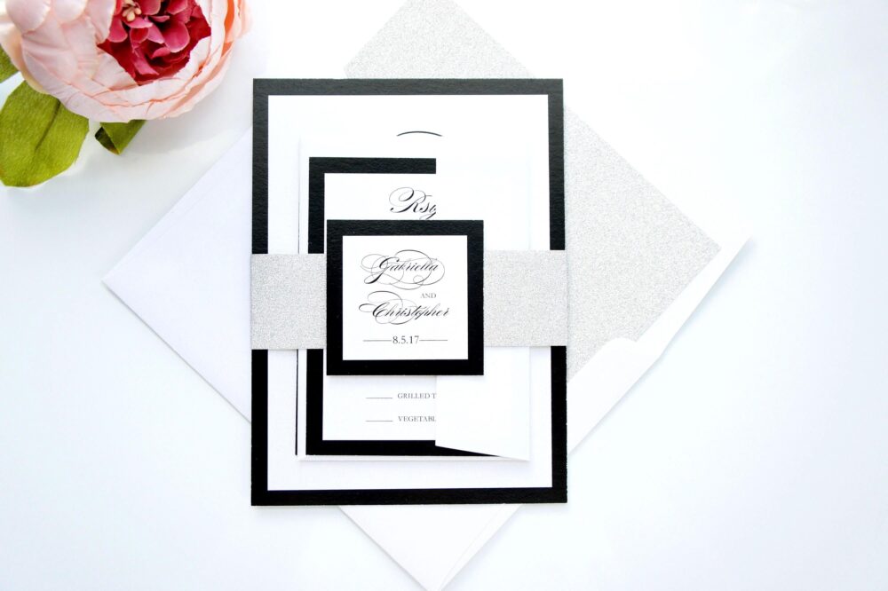 Black White Wedding Invitation Suite Sample Glitter Belly Band Monogram Formal Elegant Invite