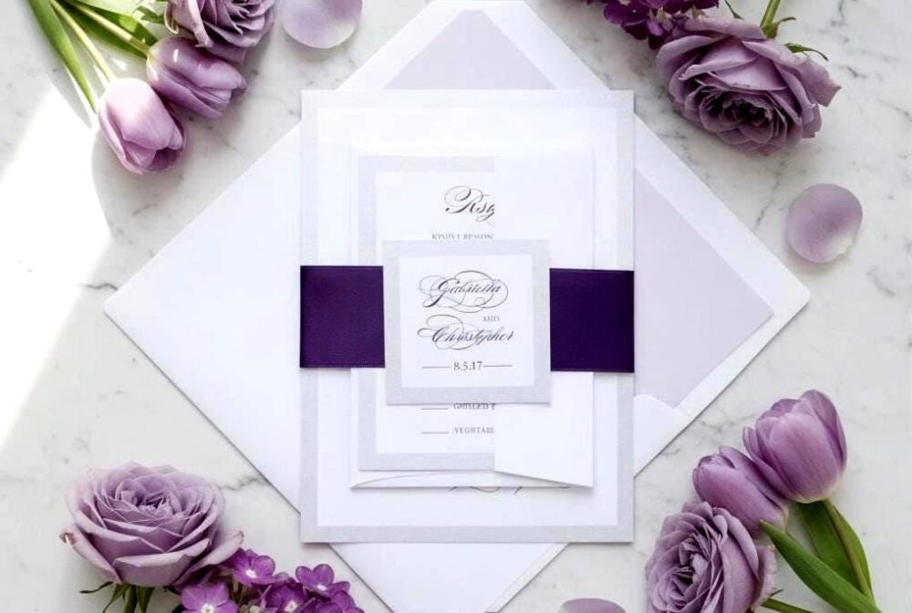 Lavender Wedding Invitation Suite Sample Ribbon Belly Band Monogram Romantic Script Elegant Invite