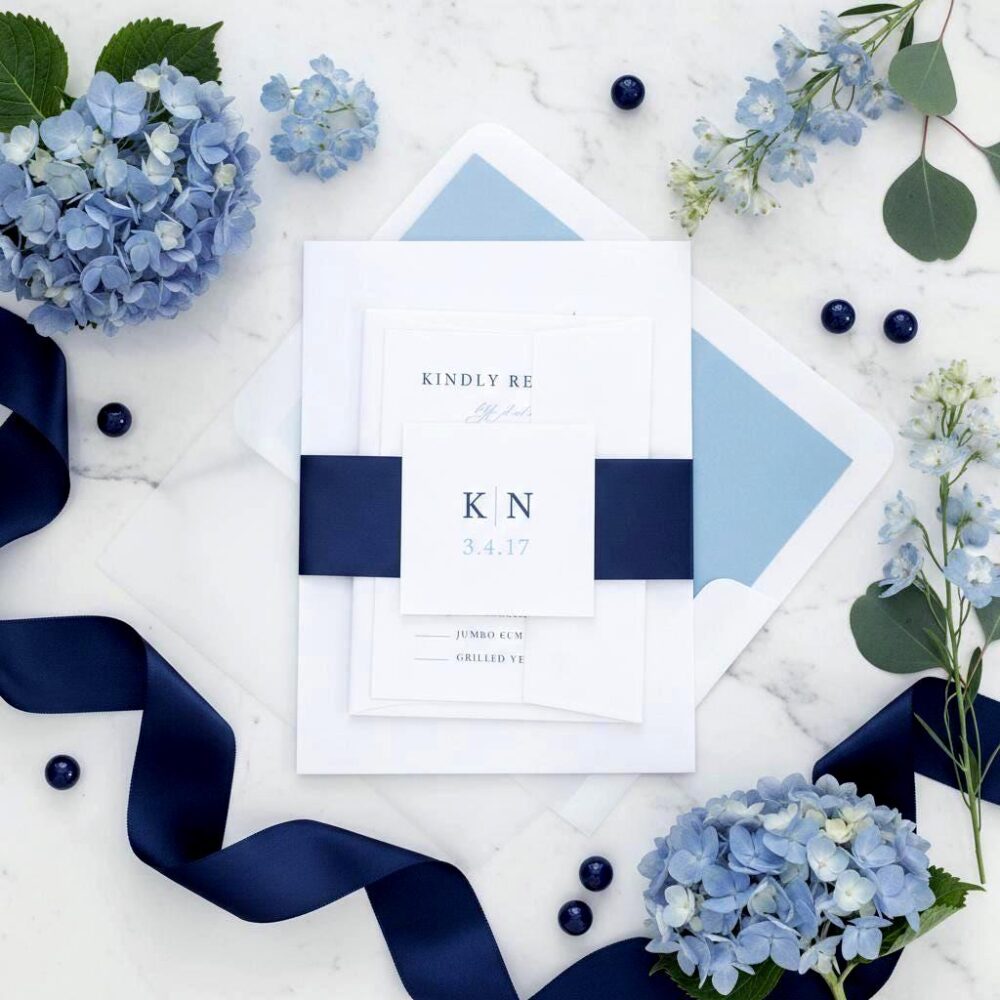 Blue Wedding Invitation Suite Sample Ribbon Belly Band Monogram Classic Elegant Invite