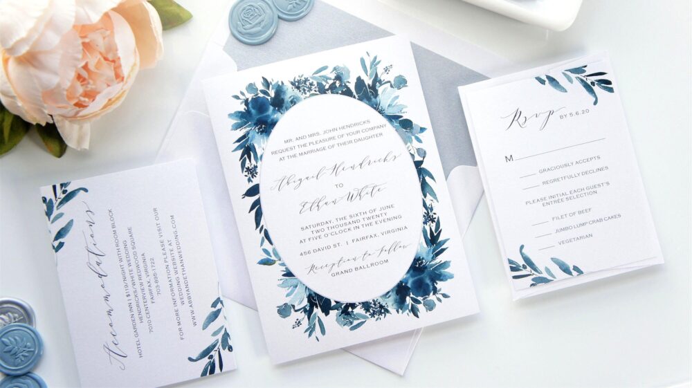 Dusty Blue Wedding Invitation Vellum Wrap Botanical Suite Sample Wax Seal Elegant Invite