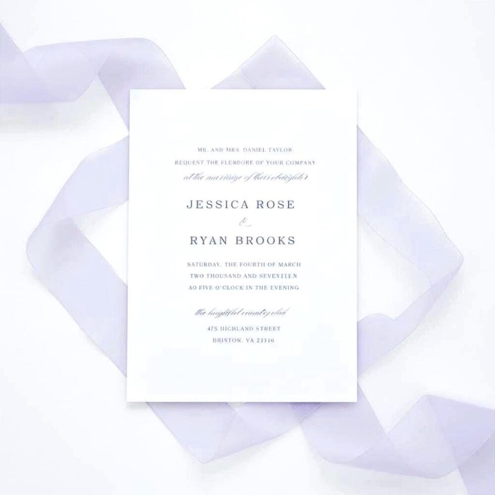 Lavender Wedding Invitation Suite Sample Ribbon Belly Band Monogram Minimalist Elegant Invite