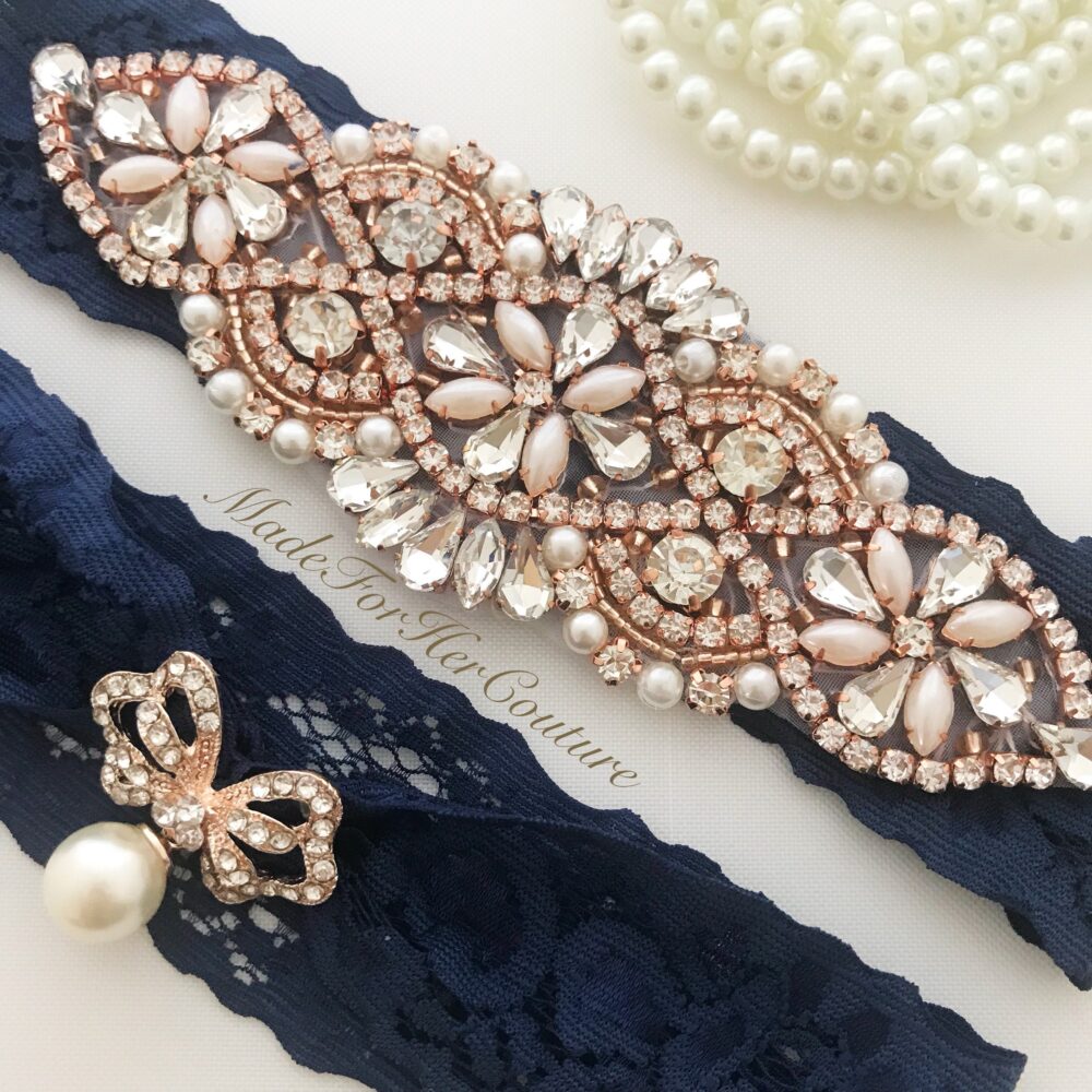 Navy Lace Rose Gold Garters For Wedding - Garter For Bride