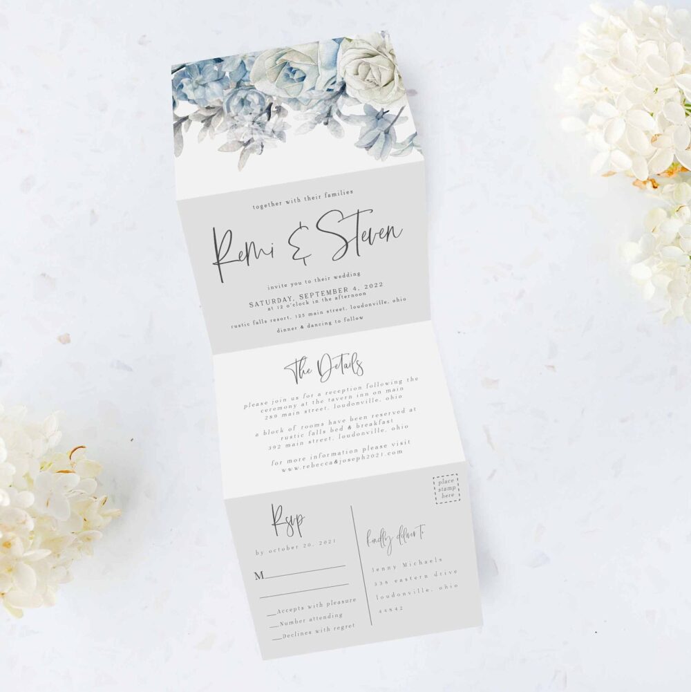 Tri Folding Wedding Invitation, Fold Invite, Dusty Blue All in One Photo Wedding Invitation
