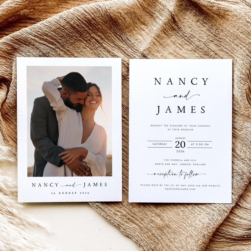 Printed Photo Wedding Invitation, Minimalist Design, Free Envelopes - Nnc