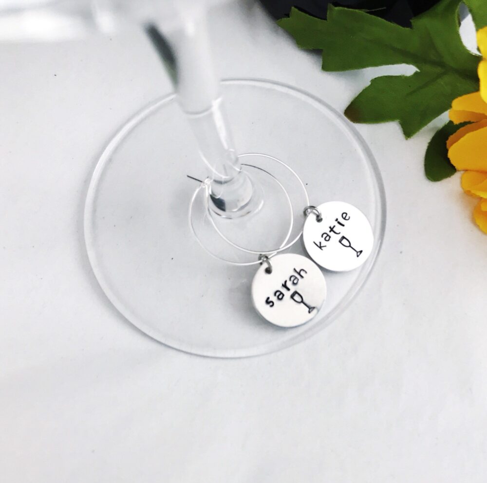 Hand Stamped Wine Glass Charms Personalized Bachelorette Party Favors