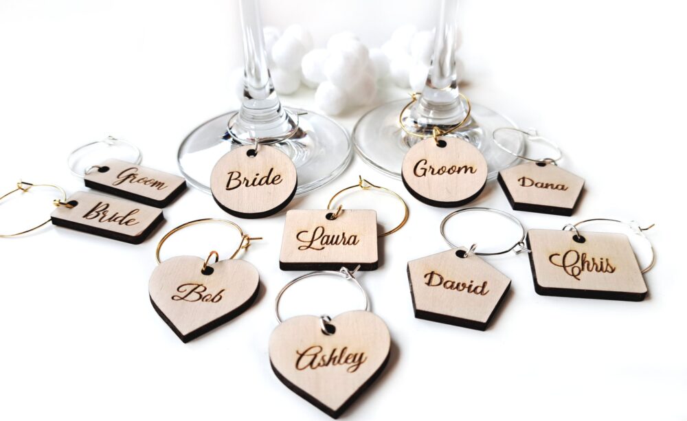 Wooden Wine Glass Charms, Personalized Custom Name Gift Tags, Wedding Place Cards, Laser Engraving, Table Card, Favors
