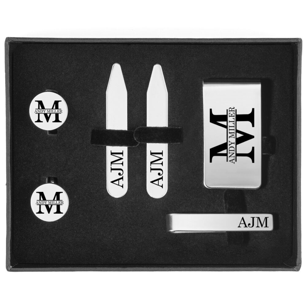 Personalized Money Clip, Tie Bar Cuff Links, Collar Stays Set in Gift Box Kit Block Initial Engraved Custom Groomsman Best Man Wedding