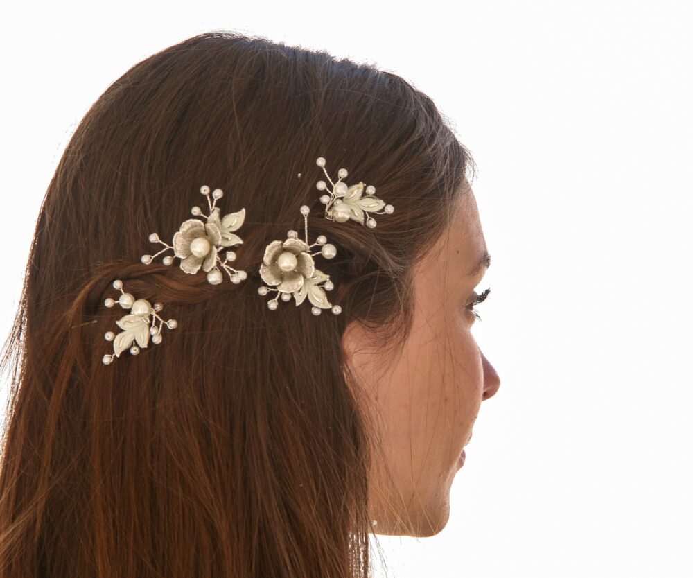 Silver & White Wedding Hair Pins With Pearls Vintage Leaves Flowers