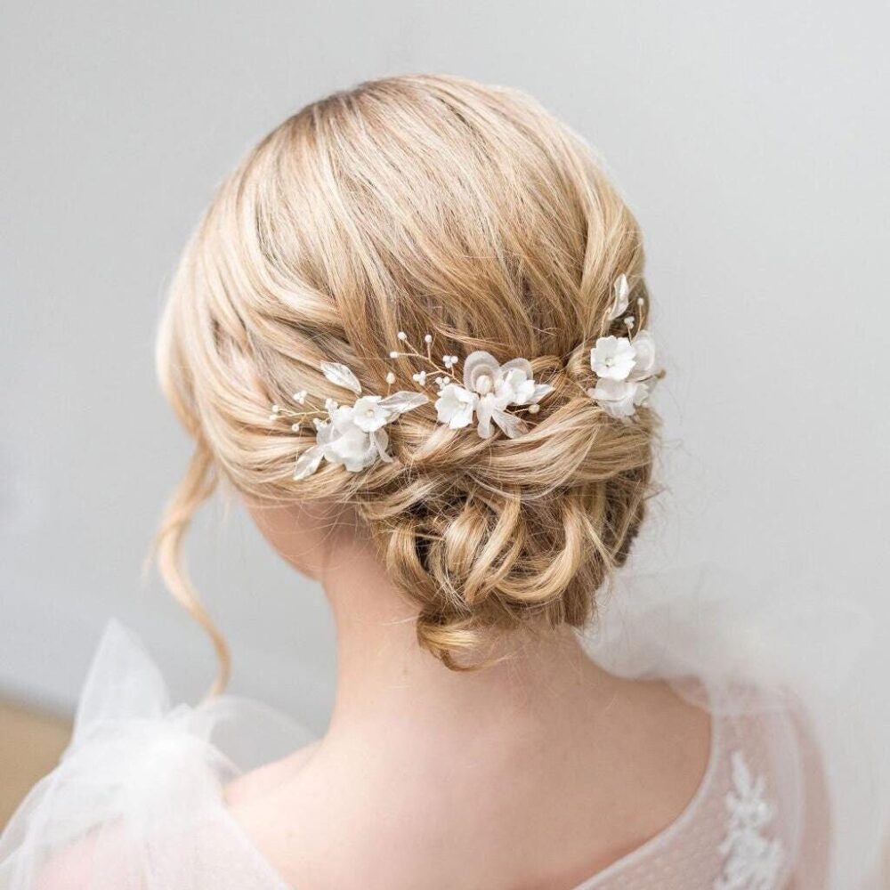Gold Wedding Hair Pin With Porcelain Flowers, Silk Flower, Freshwater Pearls