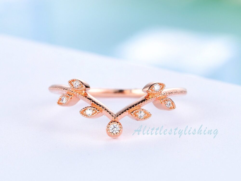 Moissanite Curved Wedding Band, V Shape Art Deco Chevron Matching Stacking Ring Rose Gold