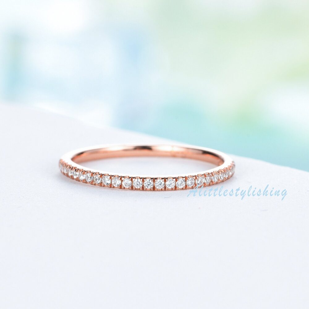 Moissanite Wedding Band, Diamond Eternity Half Ring, Matching Stacking Anniversary Gold Dainty Ring